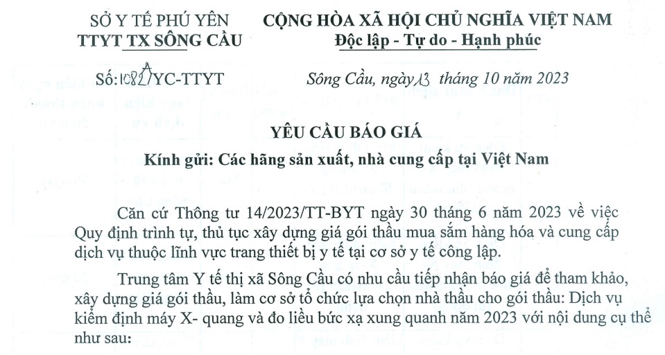 Thư mời báo giá gói thầu: Dịch vụ kiểm định X-quang và đo liều bức xạ xung quanh năm 2023 